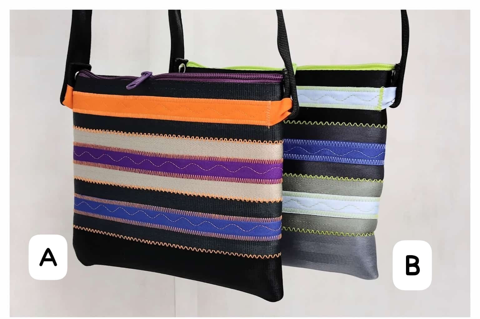 Schultertasche mit Applikation oder Ziernähten, Autogurt Upcycling