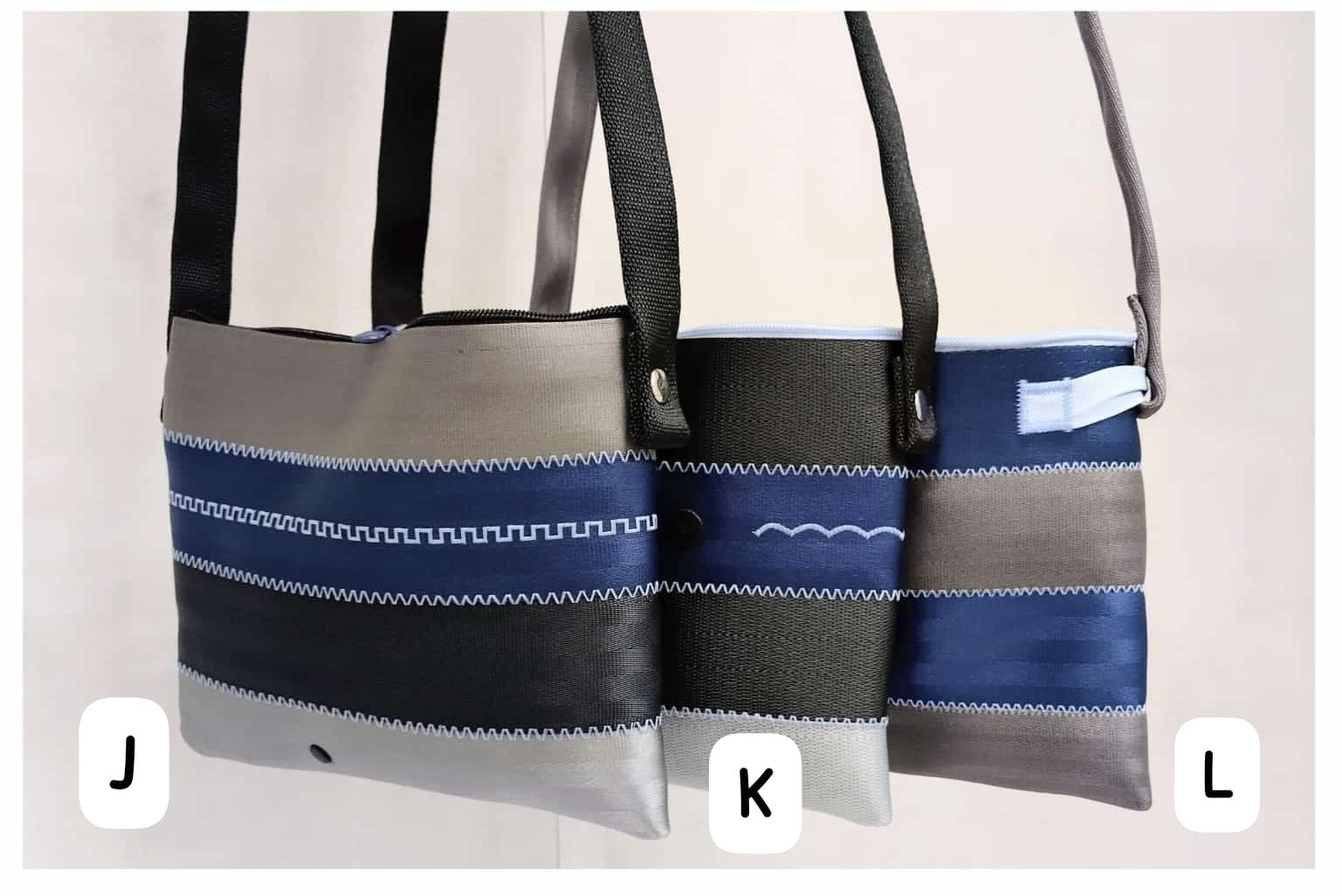 Schultertasche mit Applikation oder Ziernähten, Autogurt Upcycling