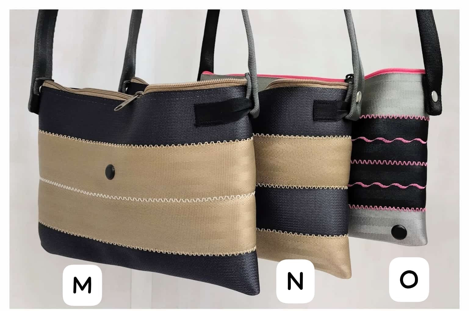 Schultertasche mit Applikation oder Ziernähten, Autogurt Upcycling