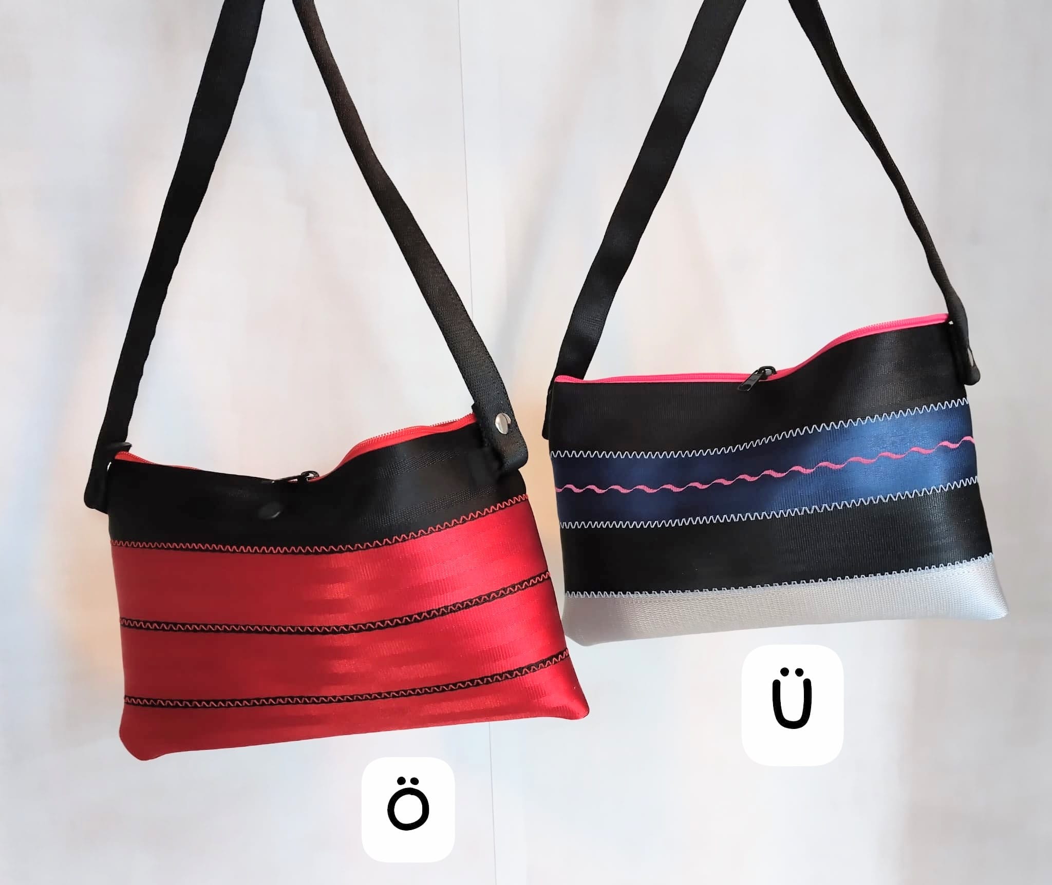 Schultertasche mit Applikation oder Ziernähten, Autogurt Upcycling