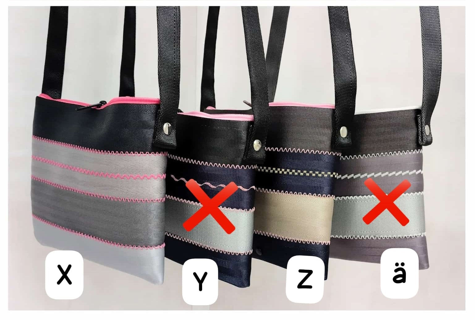 Schultertasche mit Applikation oder Ziernähten, Autogurt Upcycling