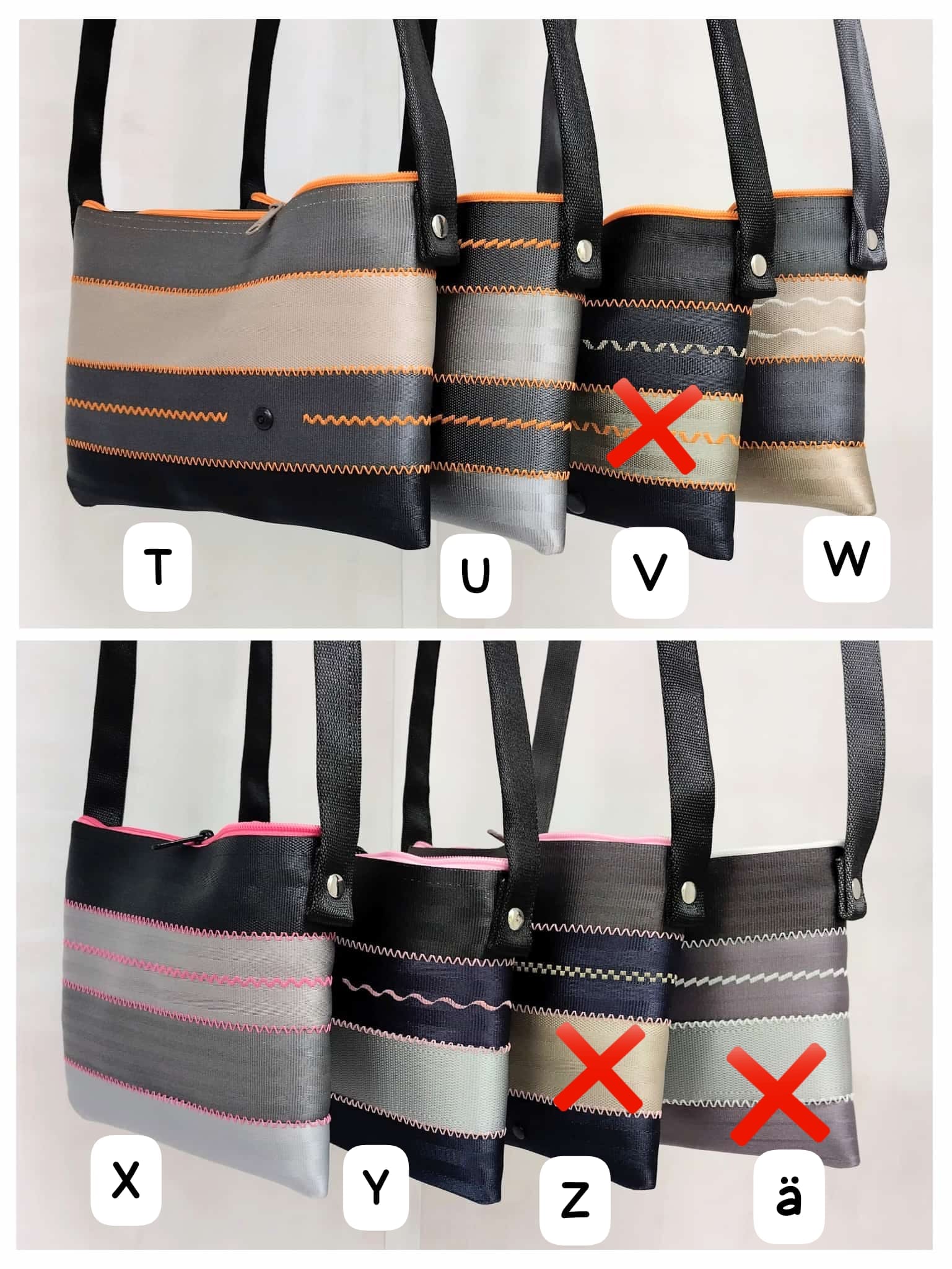 Schultertasche mit Applikation oder Ziernähten, Autogurt Upcycling