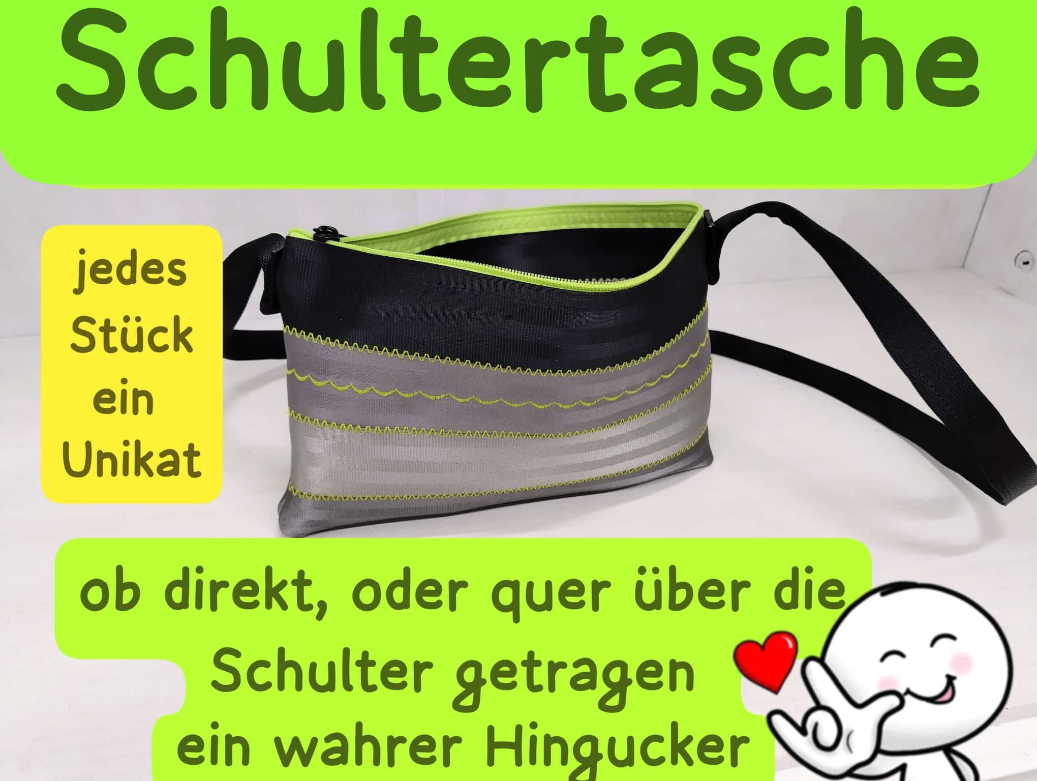 Schultertasche mit Applikation oder Ziernähten, Autogurt Upcycling