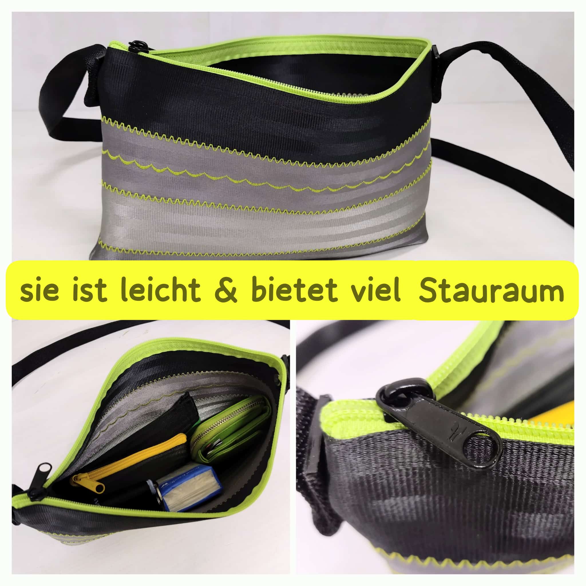 Schultertasche mit Applikation oder Ziernähten, Autogurt Upcycling