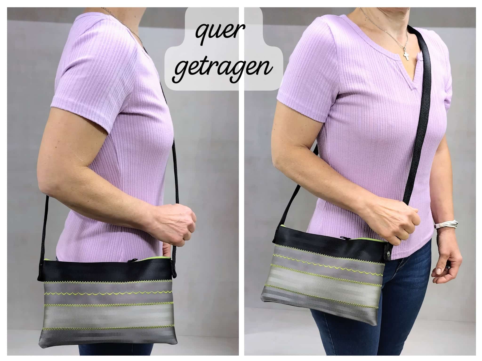 Schultertasche mit Applikation oder Ziernähten, Autogurt Upcycling