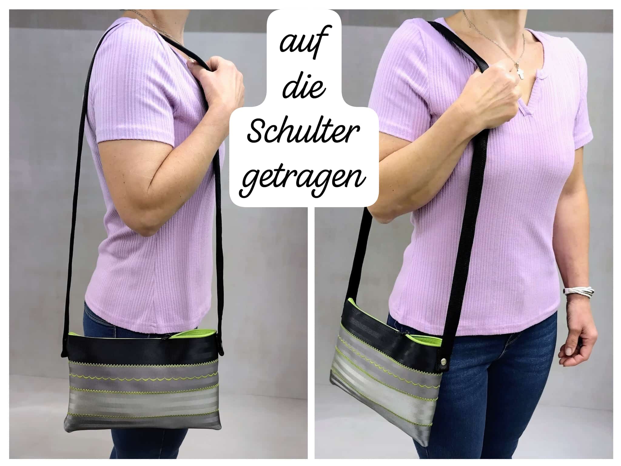 Schultertasche mit Applikation oder Ziernähten, Autogurt Upcycling